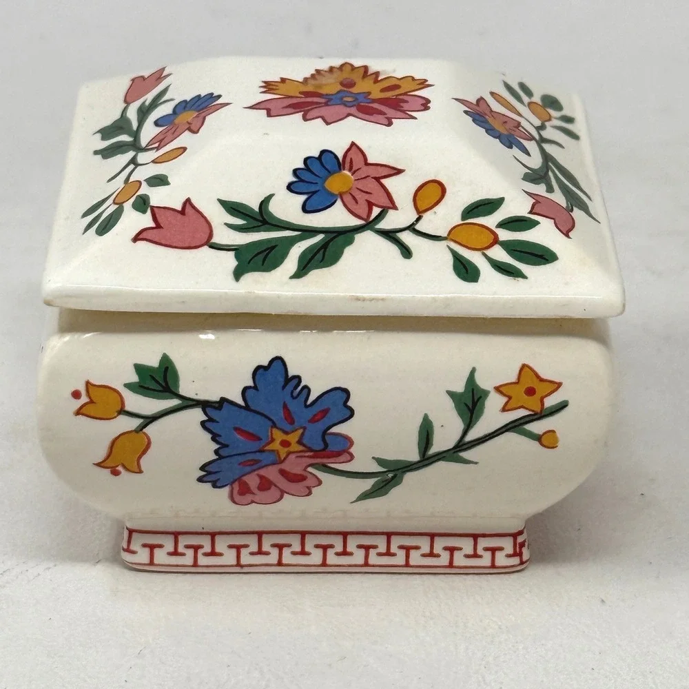 Floral 3 Inch Square Ceramic Lidded Jewelry Trinket Box 80s Oriental Gift Vanity